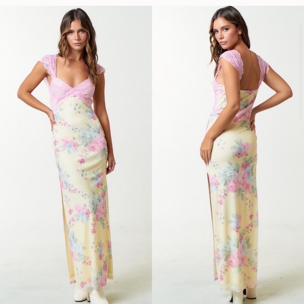 Floral Lace Maxi Dress Pastel Pink Yellow Beautiful Leg Slit Long